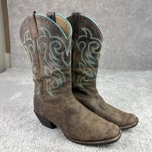 Western Brown Leather Cowboy Boots with Turquoise Stitching - Women